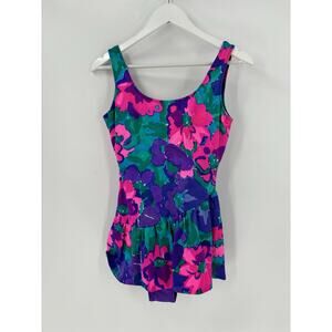 SunBird Vintage Swimsuit Womens 14 Purple Pink Union Made Stretchy Scoop Floral